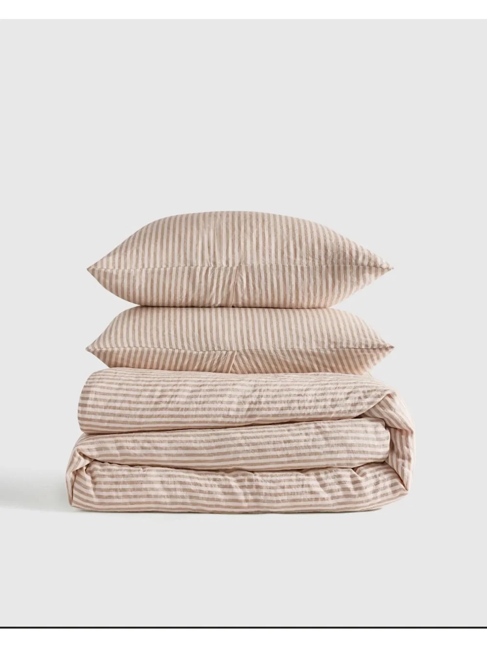 Quince European Linen Duvet Cover Set Full Queen Latte White Stripe $204 Retail